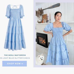 Hill House Nesli Nap Dress in Light Blue Glitter Check, Size XL, EUC